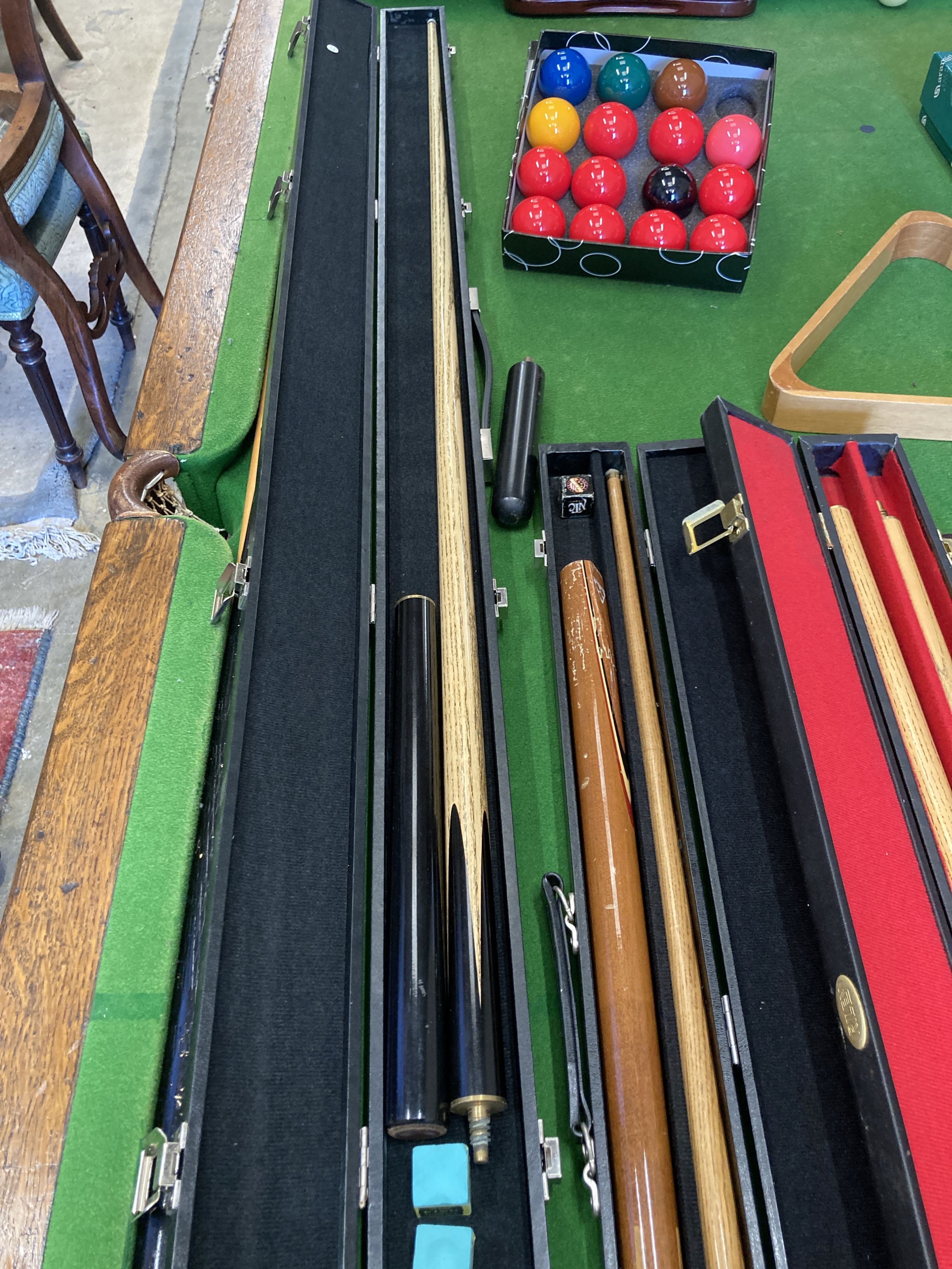 An early 20th century oak Jelks & Son snooker/dining table with full accessories, length 200cm, depth 102cm, height 79cm